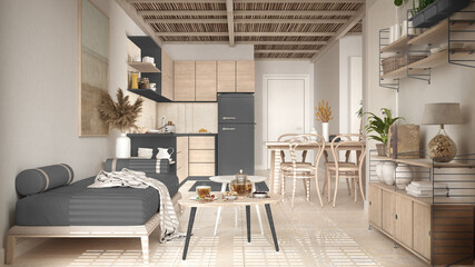 Cosy wooden sustainable living room and kitchen in gray tones with bamboo ceiling. Sofa, shelves, dining table, chairs. Ceramic tiles floor. Environmental friendly interior design
