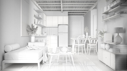 Total white project of cosy sustainable living room and kitchen with bamboo ceiling. Sofa, shelves, dining table, chairs. Ceramic tiles floor. Environmental friendly interior design