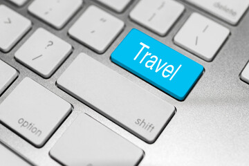 Concept of keyboard with blue button and action.