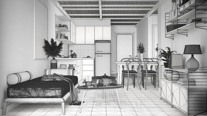 Unfinished project of cosy sustainable living room and kitchen with bamboo ceiling. Sofa, shelves, dining table, chairs. Ceramic tiles floor. Environmental friendly interior design