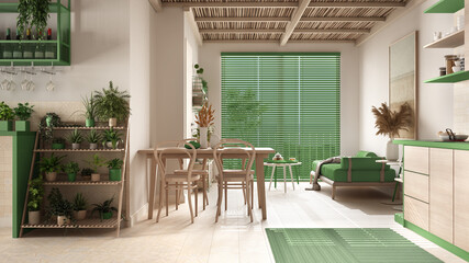 Cosy wooden sustainable living room and kitchen in green tones with bamboo ceiling. Sofa, dining table, chairs. Potted plants. Ceramic floor. Environmental friendly interior design