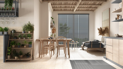 Cosy wooden sustainable living room and kitchen in gray tones with bamboo ceiling. Sofa, dining table, chairs. Potted plants. Ceramic floor. Environmental friendly interior design