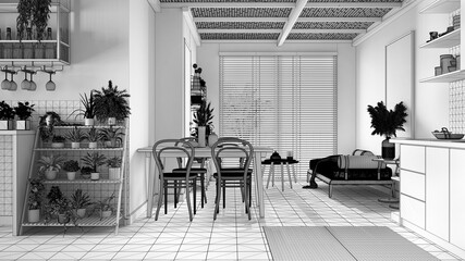 Unfinished project of cosy sustainable living room and kitchen with bamboo ceiling. Sofa, dining table, chairs. Potted plants. Ceramic floor. Environmental friendly interior design