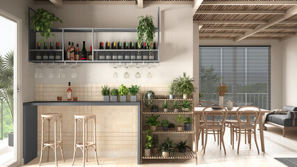 Cosy wooden sustainable living room in gray tones with bar area with stools. Sofa, dining table, chairs. Ceramic tiles floor and potted plants. Environmental friendly interior design