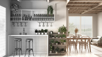 Architect interior designer concept: unfinished project that becomes real, living room with bar area with stools. Sofa, dining table. Ceramic tiles. Environmental friendly design