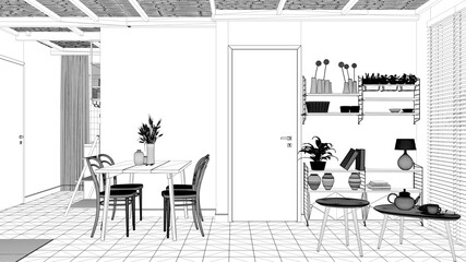 Blueprint project draft of cosy sustainable living room and dining with bamboo ceiling. Bookshelf, table with chairs. Plants and ceramic floor. Environmental friendly interior design