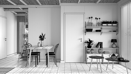 Unfinished project of cosy sustainable living room and dining with bamboo ceiling. Bookshelf, table with chairs. Plants and ceramic floor. Environmental friendly interior design