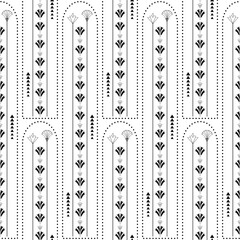 Vector art deco architecture inspired vertical geometric lines, flowers and triangles. Black and white seamless pattern background. Elegant repeat 1920s style tall stylized florals, shapes and frames.