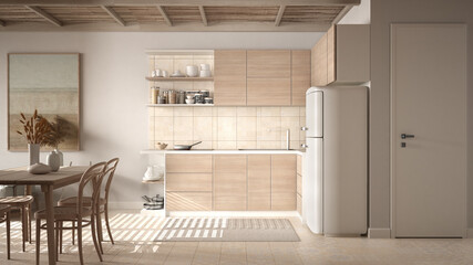 Cosy wooden sustainable dining room and kitchen in beige tones with bamboo ceiling. Table with chairs, refrigerator, appliances. Ceramic tiles. Environmental friendly interior design