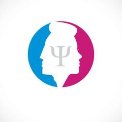 Relationship psychology concept created with man and woman heads profiles, vector logo or symbol of gender problems and conflicts in family, close relations and society. Classic style simple design.