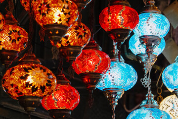 Turkish lamps. Turkish traditional souvenir lamps for market interiors