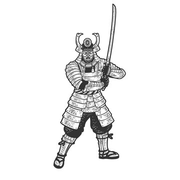Samurai warrior with katana sword sketch engraving vector illustration. T-shirt apparel print design. Scratch board imitation. Black and white hand drawn image.