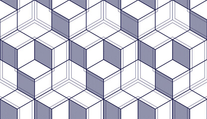 Geometric cubes abstract seamless pattern, 3d vector background. Technology style engineering line drawing endless illustration. =