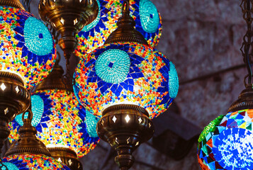 Turkish lamps. Turkish traditional souvenir lamps for market interiors