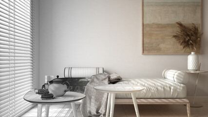 Architect interior designer concept: unfinished project that becomes real, living room with sofa and coffee tables. Tea time, glass teapot and teacup. Environmental friendly design