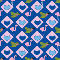Kawaii Hand drawn hummingbirds and flamingos repeat pattern print background © Doeke