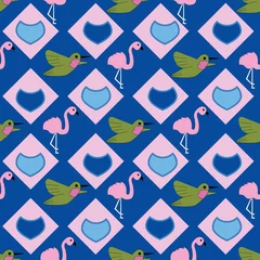 Fototapeten Kawaii Hand drawn hummingbirds and flamingos repeat pattern print background © Doeke