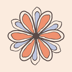 Vector illustration of a flower with wavy lines, blue and red petals. Design element for birthday card, simple minimalistic trending boho design. Elegant botanical element top view