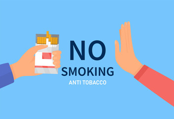 No smoking concept. Stop smoking concept. Persons hand refusing cigarette from the box. Quit bad habit and reject tobacco offer. Flat cartoon illustration