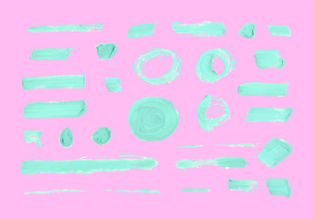 Vector Set of Pastel Color Brush Strokes, Light Pink Background and Light Blue Paint.
