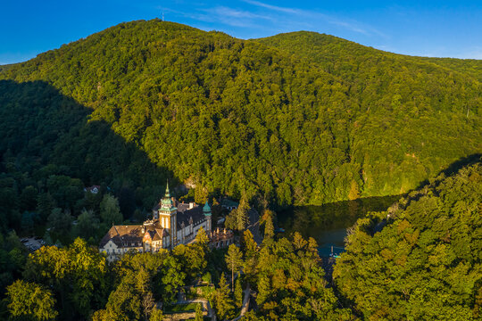 Lillafured, Hungary - Aerial view of the famous Lillafured Castle in the mountains of Bukk near Miskolc on a sunny summer morning with clear blue sky