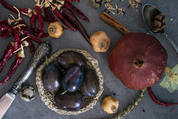 composition, vintage flowers, autumn still life, harvest, design, art photo, august, autumn, background, blue color, blue fabric, close up, closeup, copy space, cotton, crochet, dark, decoration, deco