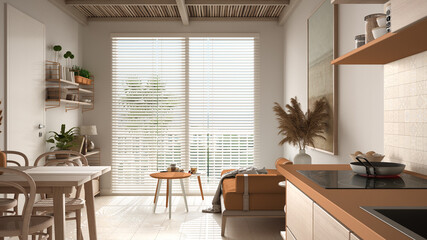 Cosy wooden sustainable living room and kitchen in orange tones with bamboo ceiling. Sofa, shelves, dining table, chairs. Ceramic tiles floor. Environmental friendly interior design