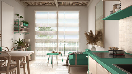 Cosy wooden sustainable living room and kitchen in turquoise tones, bamboo ceiling. Sofa, shelves, dining table, chairs. Ceramic tiles floor. Environmental friendly interior design