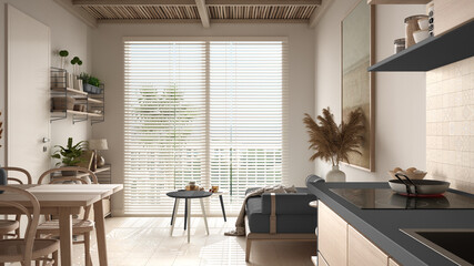 Cosy wooden sustainable living room and kitchen in gray tones with bamboo ceiling. Sofa, shelves, dining table, chairs. Ceramic tiles floor. Environmental friendly interior design