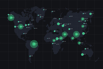 World map big data visualization. Abstract data on map. Global activity monitoring. Heatmap of clusters. Visual information. Human activity data map. - obrazy, fototapety, plakaty