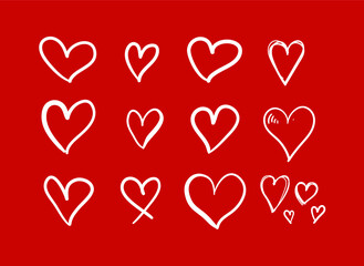 Vector Set of White Hand Drawn Hearts on Bright Red Background, Love Symbols Collection, Freehand Drawings.
