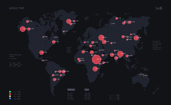 World Map Big Data Visualization. Abstract Data On Map. Global Activity Monitoring. Heatmap Of Clusters. Visual Information Complexity. Human Activity Data Map.