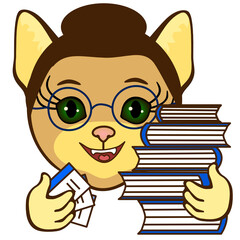 emoji with smiling librarian cat that is wearing glasses while working with books and member cards, simple colored emoticon, vector illustration