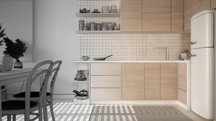 Architect interior designer concept: unfinished project that becomes real, dining room and kitchen, ceramic tiles. Cabinets, shelves, table with chairs. Environmental friendly design