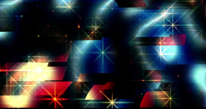 abstract video depicting rotating parallelepipeds of different sizes and colors with sparkling stars
