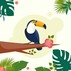 Vector illustration of a tropical bird Toucan on a floral background. Colorful icon of tropical nature