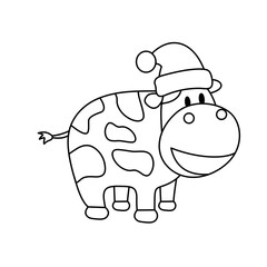 Coloring of Cow Wearing a Santa Hat and Opening Mouth Cartoon, Cute Funny Character, Flat Design