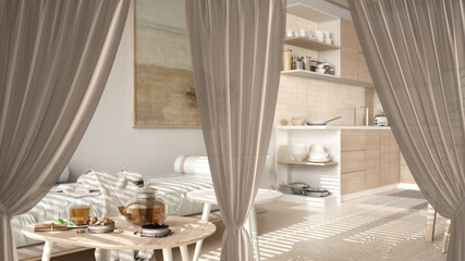 White openings curtains overlay wooden living room, interior design background, front view, clipping path, vertical folds, soft tulle textile texture, stage concept with copy space