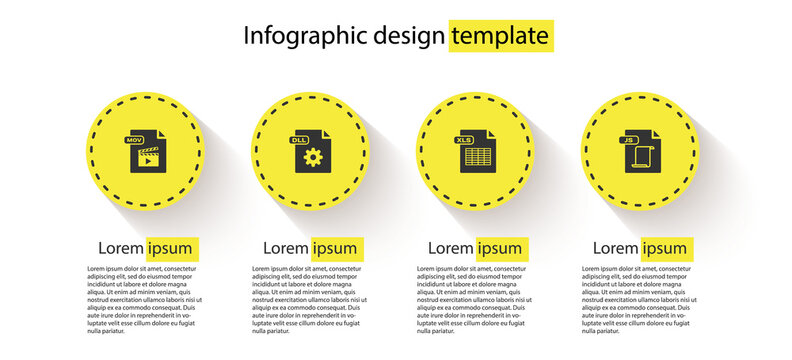 Set MOV file document, DLL, XLS and JS. Business infographic template. Vector.