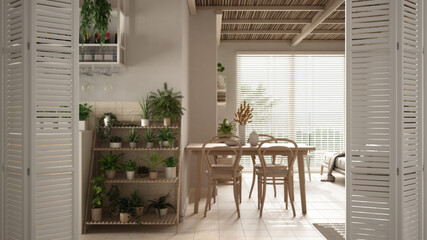 White folding door opening on cosy sustainable dining and living room with table and chairs, big window and potted plants, interior design, architect designer concept, blur background