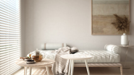 Interior design depth of field, cosy wooden living room with sofa and tables. Tea time, teapot and teacup. Environmental friendly interior design, modern architecture concept idea
