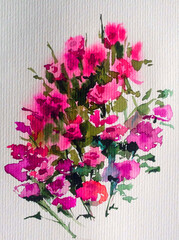 Abstract bright colored decorative background . Floral pattern handmade . Beautiful tender romantic bouquet of summer aster flowers , made in the technique of watercolors from nature.