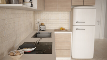 Interior design depth of field, cosy kitchen. Induction hob, pan with fried egg. Refrigerator. Ceramic tiles. Environmental friendly interior design, modern architecture concept idea