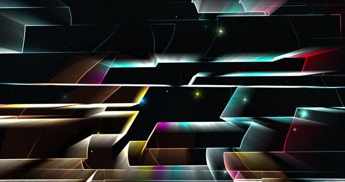 abstract video, which depicts rotating parallelepipeds of different sizes with rays emanating from them
