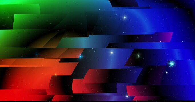 abstract video depicting rotating parallelepipeds of different sizes and colors with sparkling stars