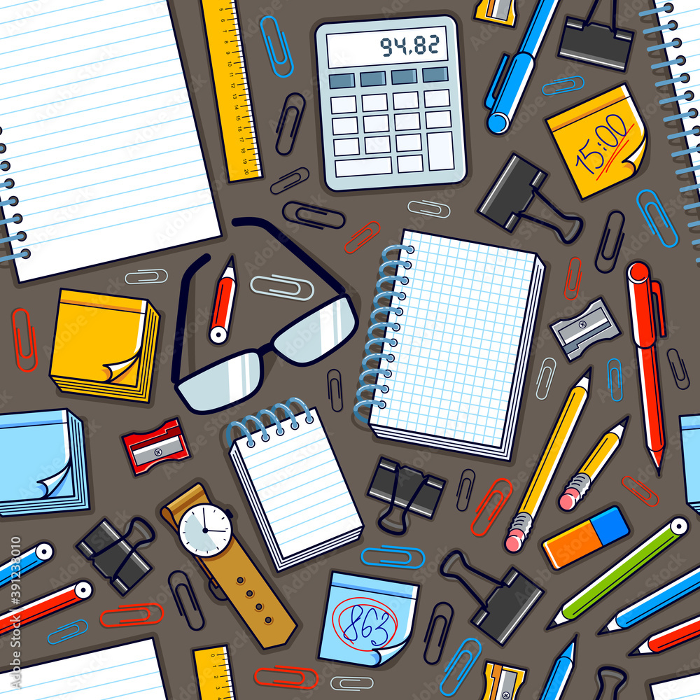 Poster work office desk top view with a lot of different stationery elements seamless vector wallpaper, bus