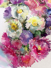 Abstract bright colored decorative background . Floral pattern handmade . Beautiful tender romantic bouquet of summer aster flowers , made in the technique of watercolors from nature.