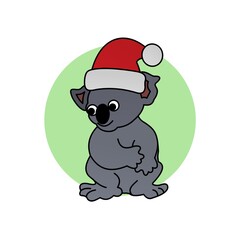 Illustration of Koala Smiling While Wearing Santa Hat Cartoon, Cute Funny Character, Flat Design