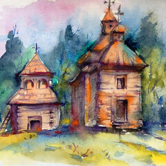 Watercolor colorful bright textured abstract background handmade . Mediterranean landscape . Painting of architecture and vegetation of the countryside made in the technique of watercolors from nature © olha