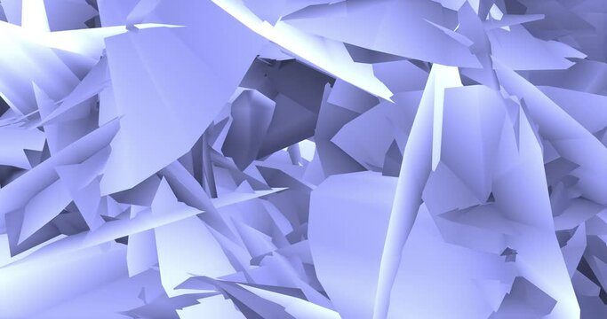 Geometric shapes of grays and purples move chaotically in space and reflect light